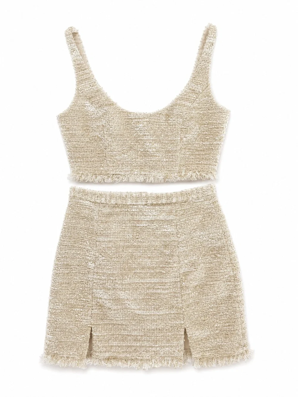 NBD Cream Fringed Sequin Knit Skirt Set